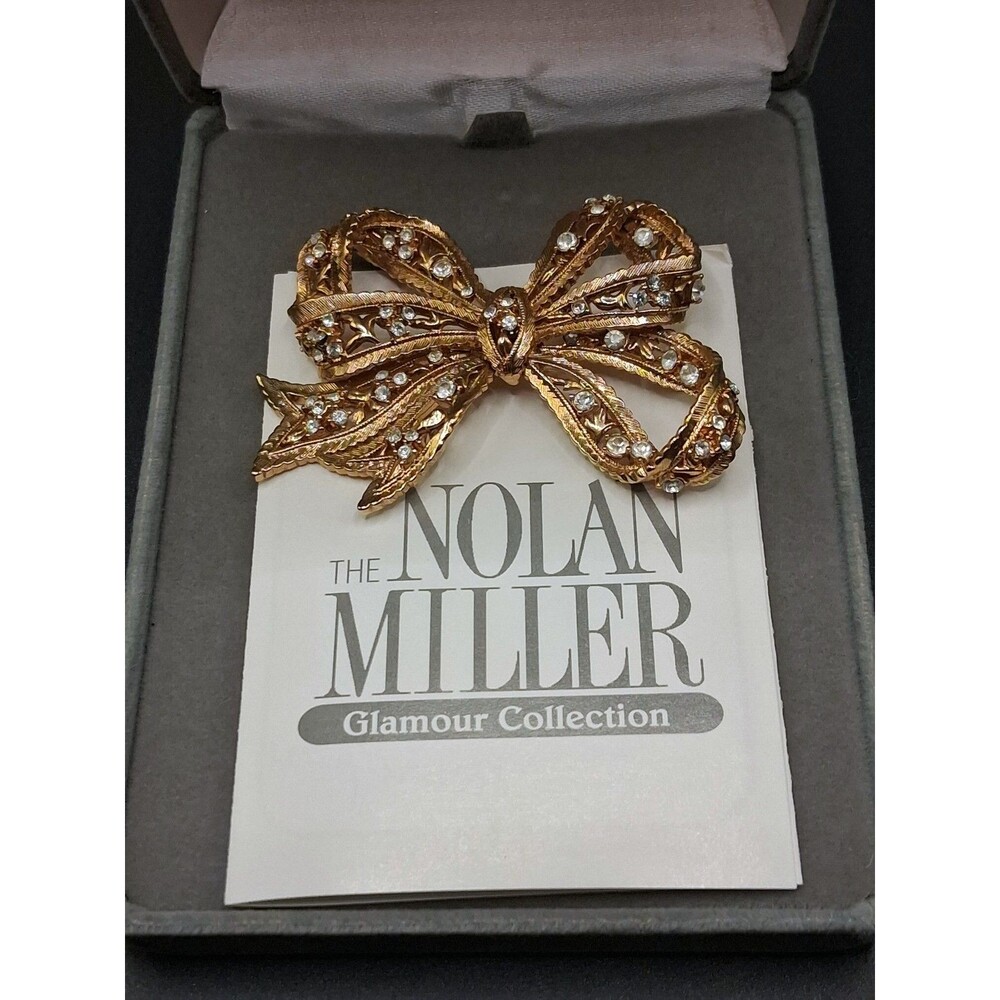 Vintage Nolan Miller Gold Tone Rhinestone Bow Brooch Pin Glamour Collection